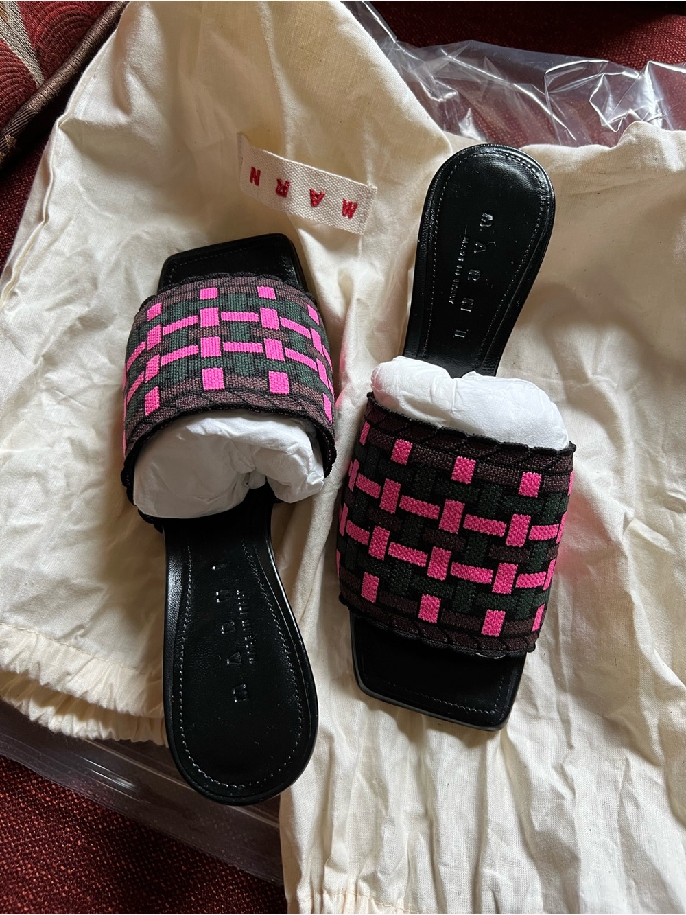 Marni Black and Pink Woven Slide Sandals